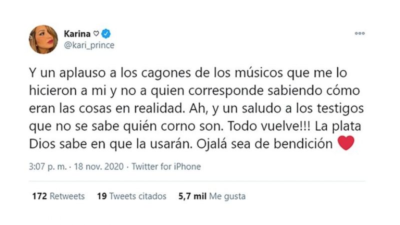 "Todo vuelve": Karina la Princesita perdió un juicio con sus ex músicos y explotó