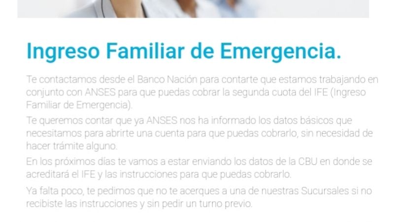 ANSES- IFE 2: Banco Nación envía mails explicando cómo cobrarán los nuevos bancarizados